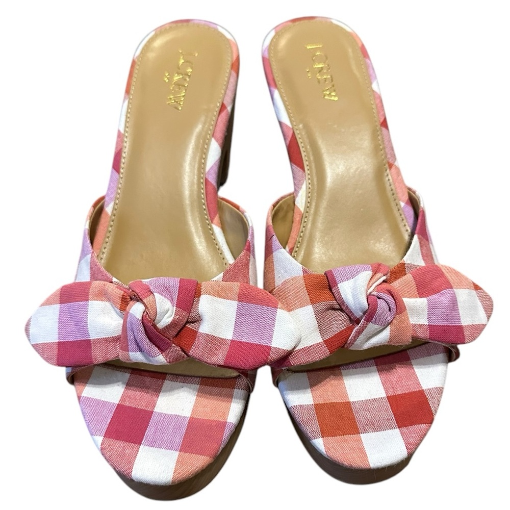 J.CREW pink plaid gingham bow open toe slip on wooden sole chunky heel sz 9 NWOT - Picture 2 of 8